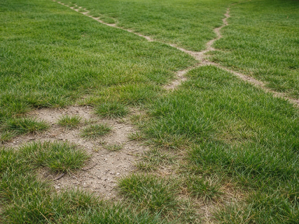 Gazon met kale/uitgedunde grasplekken naast een plek met alleen mierenloop zonder zichtbaar nest.
