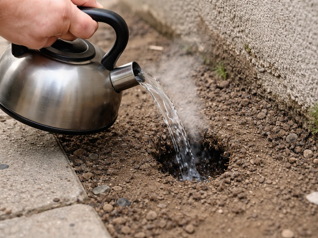 Een gietende ketel met kokend water op een duidelijk zichtbare mieren-nestopening in de grond.