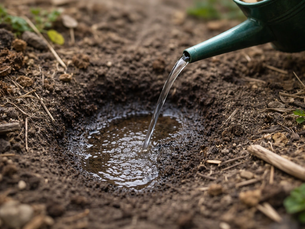 Close-up van een net doorweekte mierenplek in de tuin, met zichtbare vochtige bodem en een gieter die water geeft.