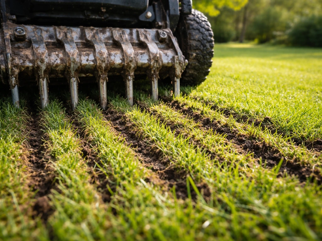 Graszoden met beluchtingsprikmachines die gaten maken in de bodem, zodat lucht en water beter kunnen doordringen.