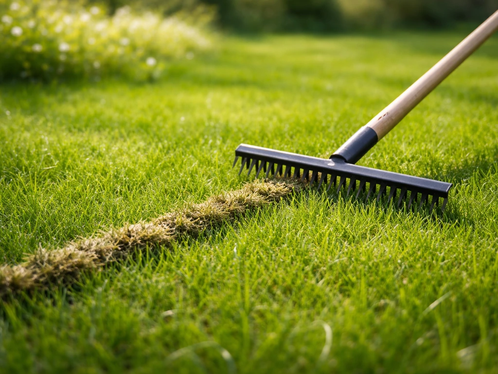 Voorjaarsgazon met actief groeiend gras en een gazonkam op het veld, bij natuurlijk lentelicht.