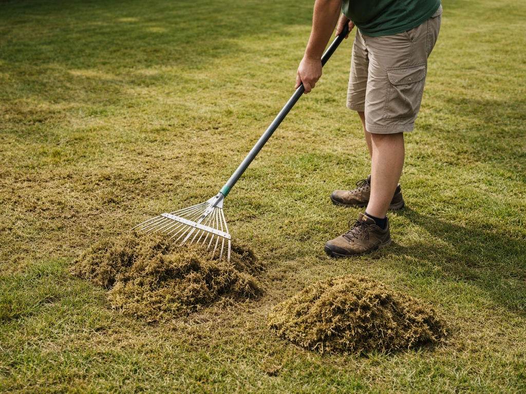 Iemand harkt mos/viltresten van het gazon, met duidelijk opgehoopt uitgekamd materiaal zichtbaar.