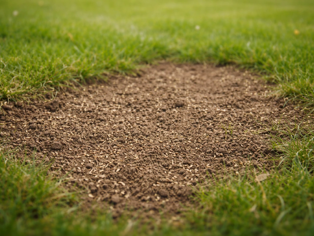 Lichte ingeharkte kale plekken met vers graszaad op de open grond, klaar voor nazorg van het gazon.