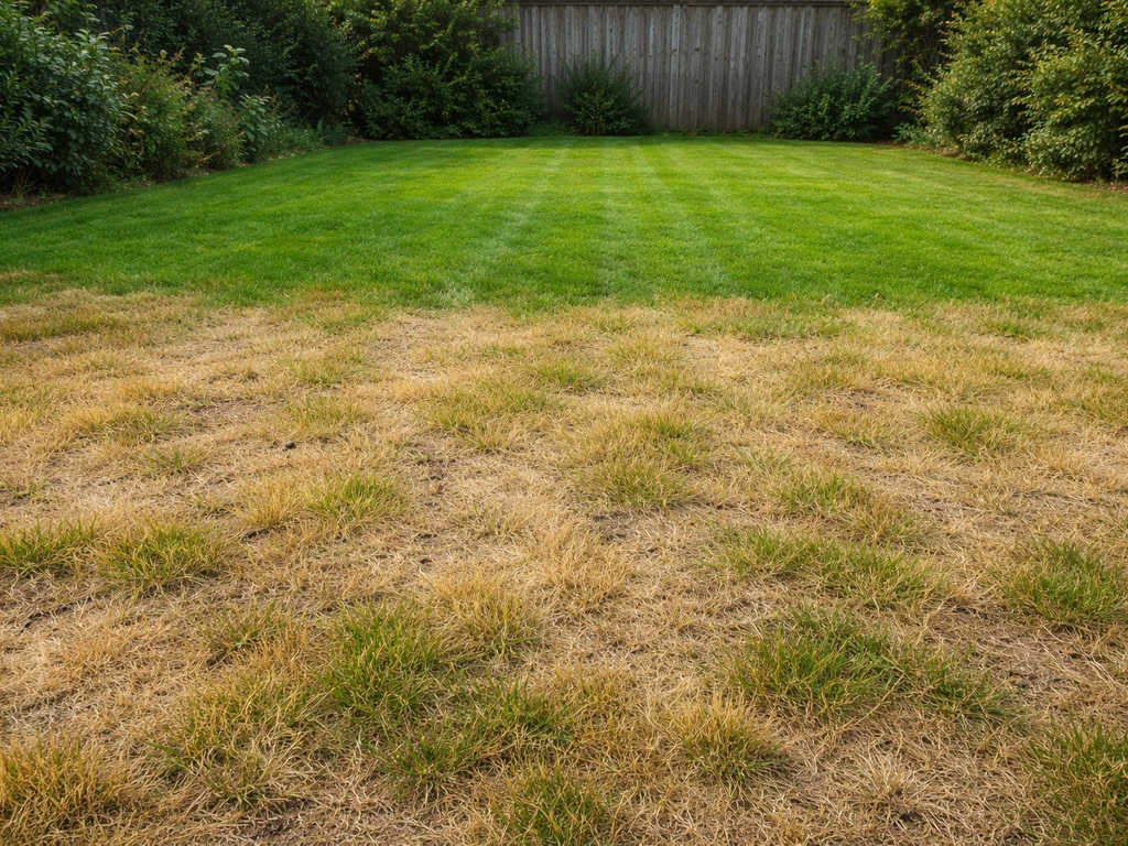 Nederlands gazon met duidelijke vergeelde grasstroken en een groenere herstelzone in dezelfde tuin.