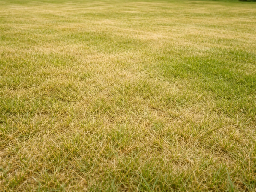 Close-up van een gazon met egaal geel/geelgroen gras, met duidelijke kleurverschillen die op een voedingstekort wijzen.
