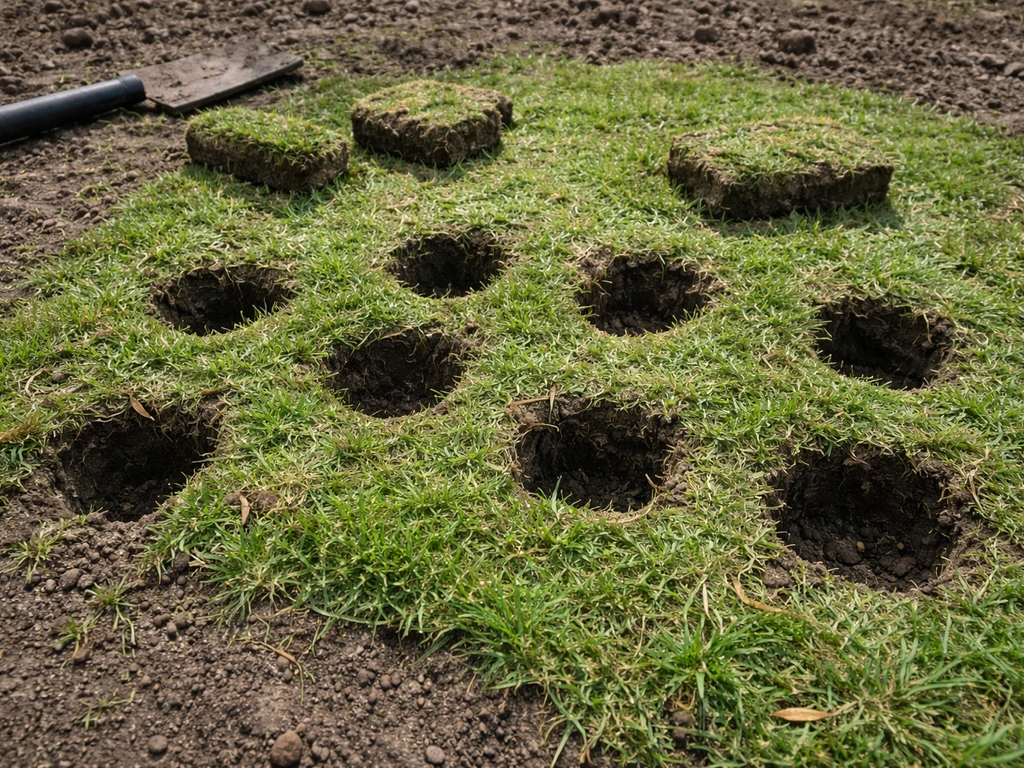 Uitgestoken grasmat met gaten en zichtbare compacte onderlaag, belucht voor betere water- en luchtcirculatie
