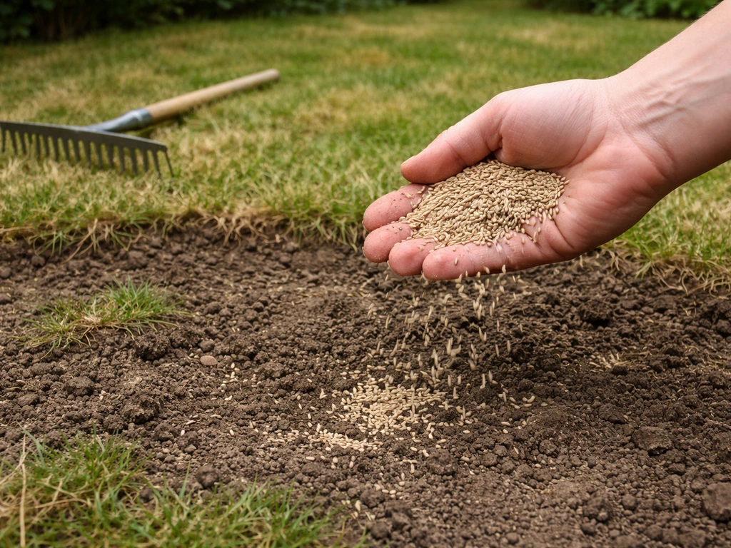Anonieme hand die zaaigoed strooit op opengewerkte grond in een gazon met kale plekken.