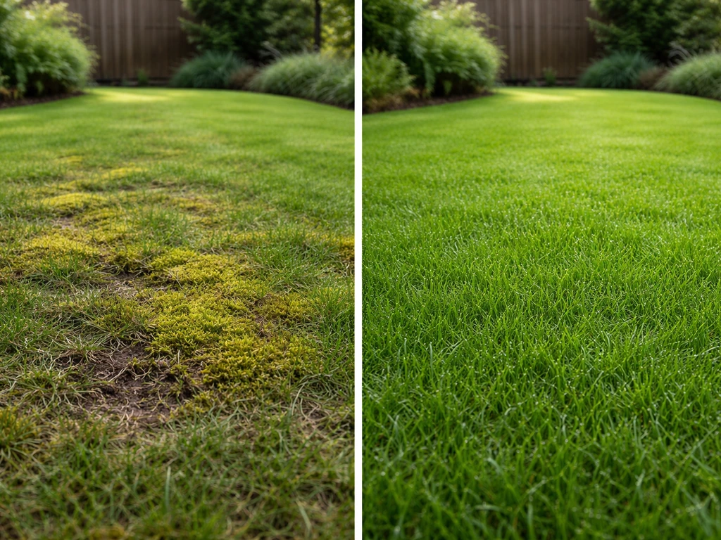 NL-tuin met dicht gazon: mosplekken en herstelde grasmat in één beeld, zonder mensen