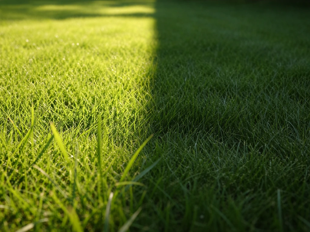 Groen gazon met duidelijk afgebakende schaduw- en zonzone op dezelfde plek op een zonnige dag.