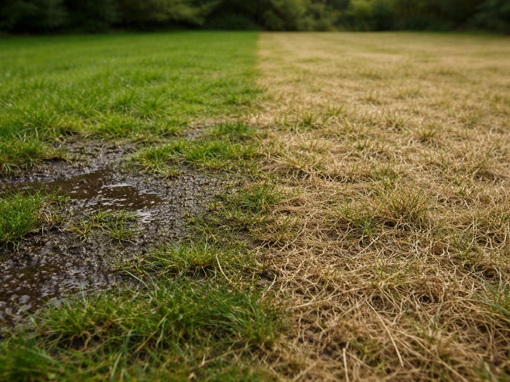Twee grasplekken naast elkaar: natte, soppige zone met mos en een droge, gelige zone zonder mos