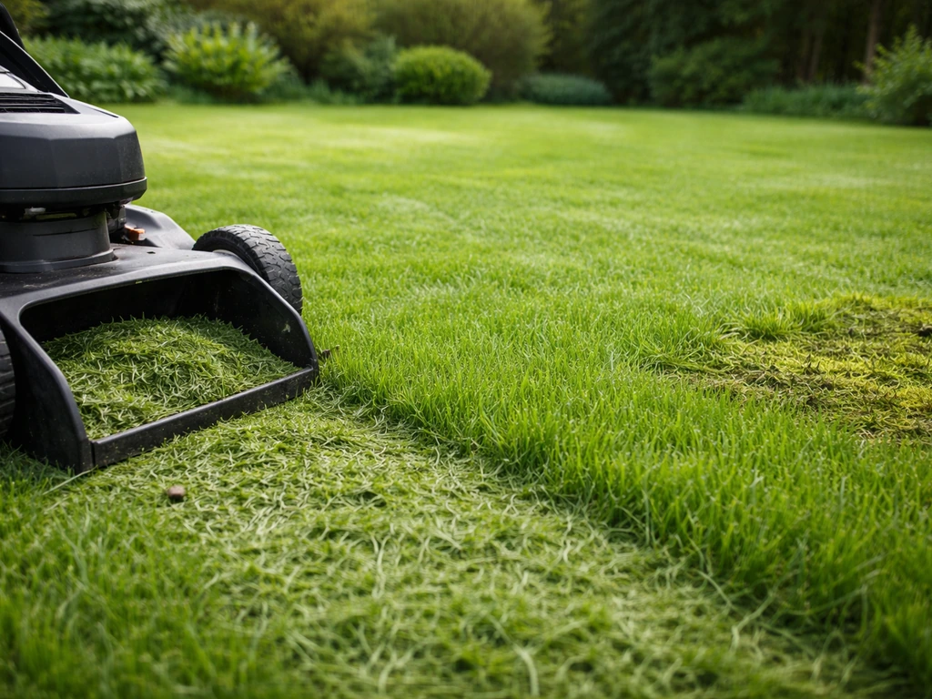 Voorjaarstuin met net gemaaid gras op 4–5 cm en een grasmaaier, met licht mos zichtbaar.