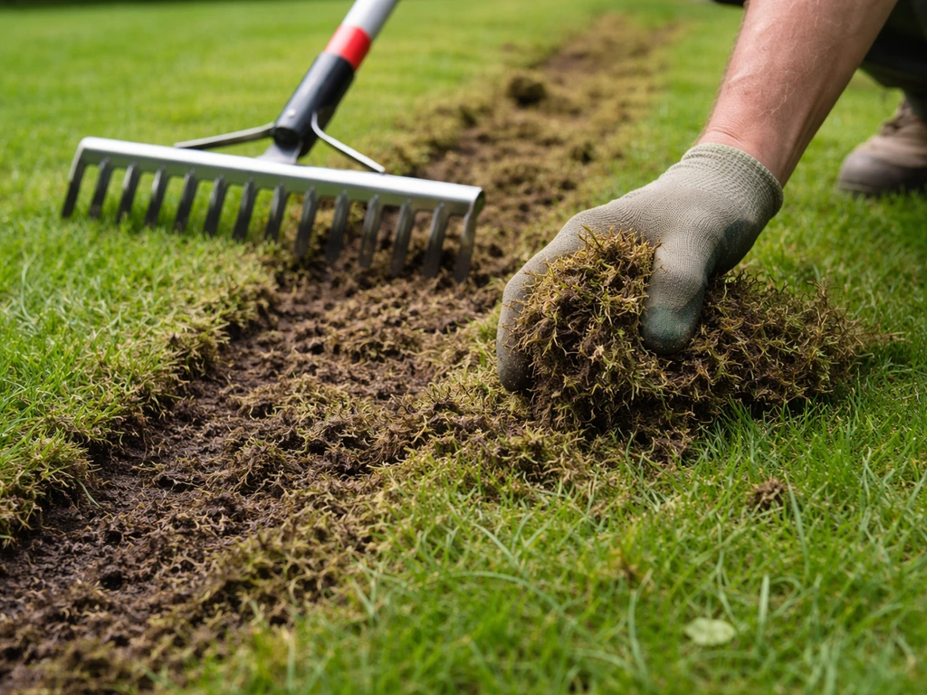 Hand met verticuteerhark verwijdert mos en maaisel van een gazon, met zicht op vrijgekomen grasstroken.