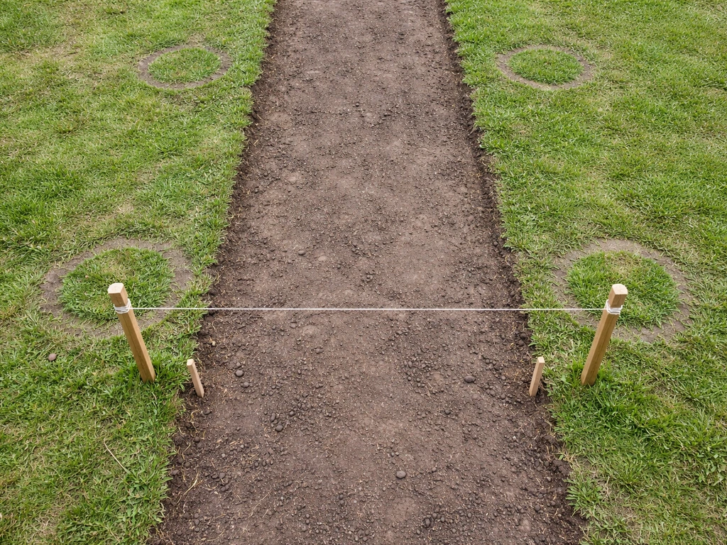 Bovenaanzicht van een uitgezet tuinpad met piketten en touw, afgetekende breedte en locaties voor opsluitband.