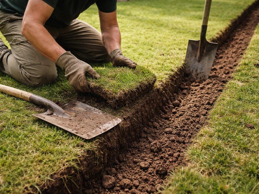 Tuinman haalt gras weg en graaft een smalle sleuf uit voor de fundering van een pad in de tuin