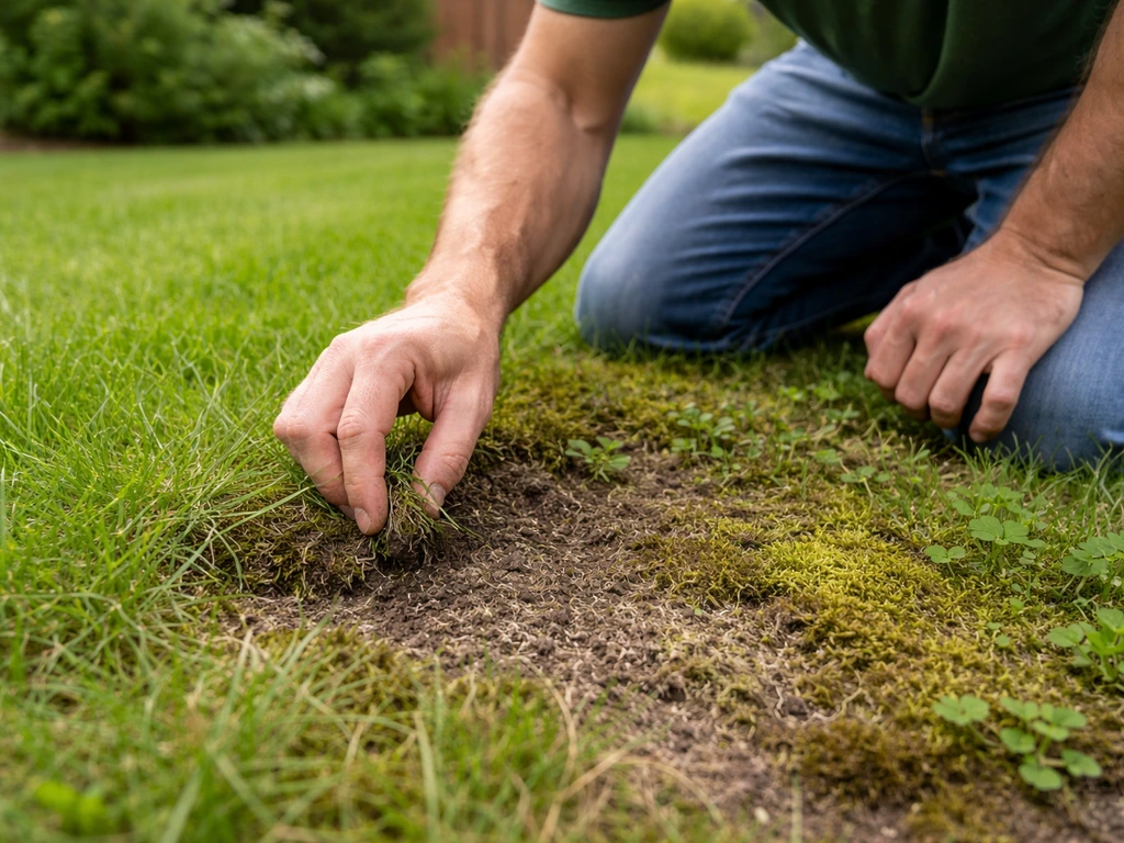 Iemand hurkt bij het gazon en bekijkt mos, onkruid en kale plekken naast gezond groen gras.