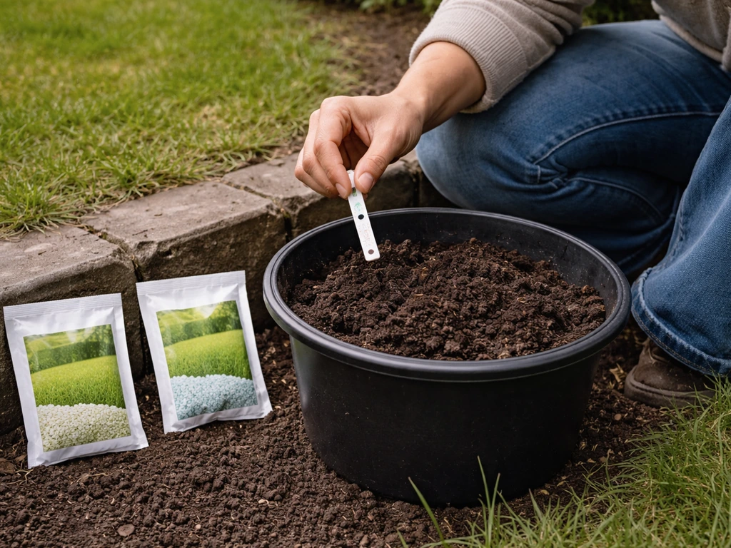 Tuinman meet bodem-pH met teststrook en houdt een klein zakje gazonkalk en ijzersulfaat bij zich