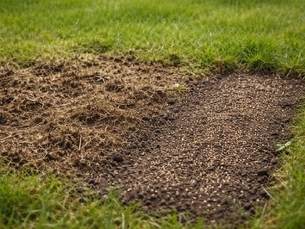 Kale plek in het gazon met losgemaakte viltlaag en daarnaast vers ingezaaide, licht aangedrukte strook.