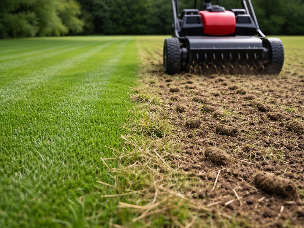 Gazonbewerking in volgorde: korte maaibeurt gevolgd door verticutten en beluchten, met zichtbare opengekrabde bodem