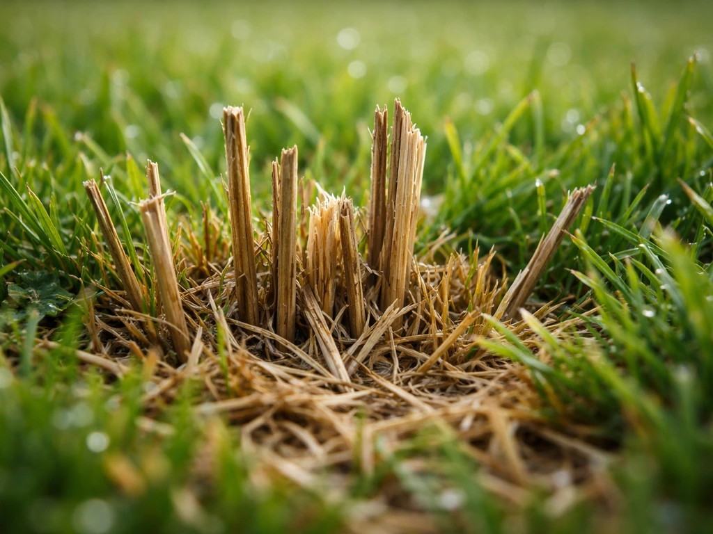 Close-up van een grasmat met verhoute, harde stengels die omhoogsteken tussen het groen.