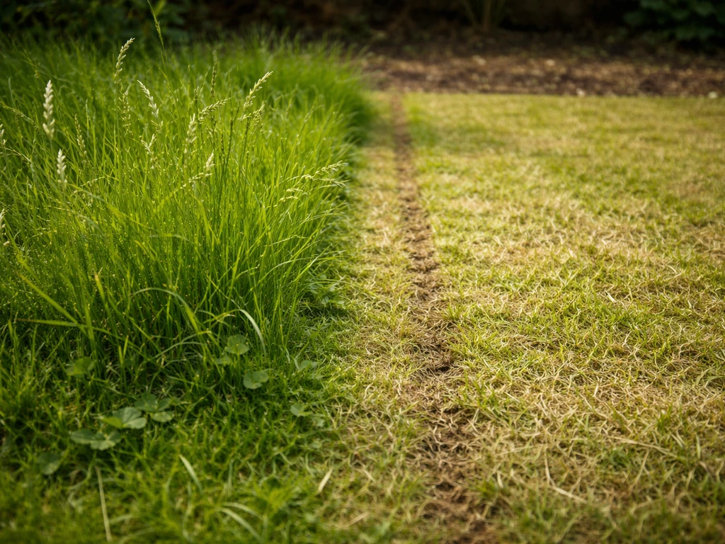 Linker deel van gazon met lang, groen gras; rechter deel kort en stro-achtig door te laag maaien.