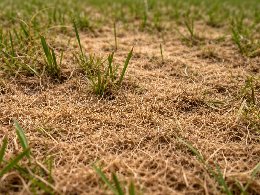 Close-up van een grasmat met bruingele sponsachtige viltlaag en uitgetrokken, harde sprieten.