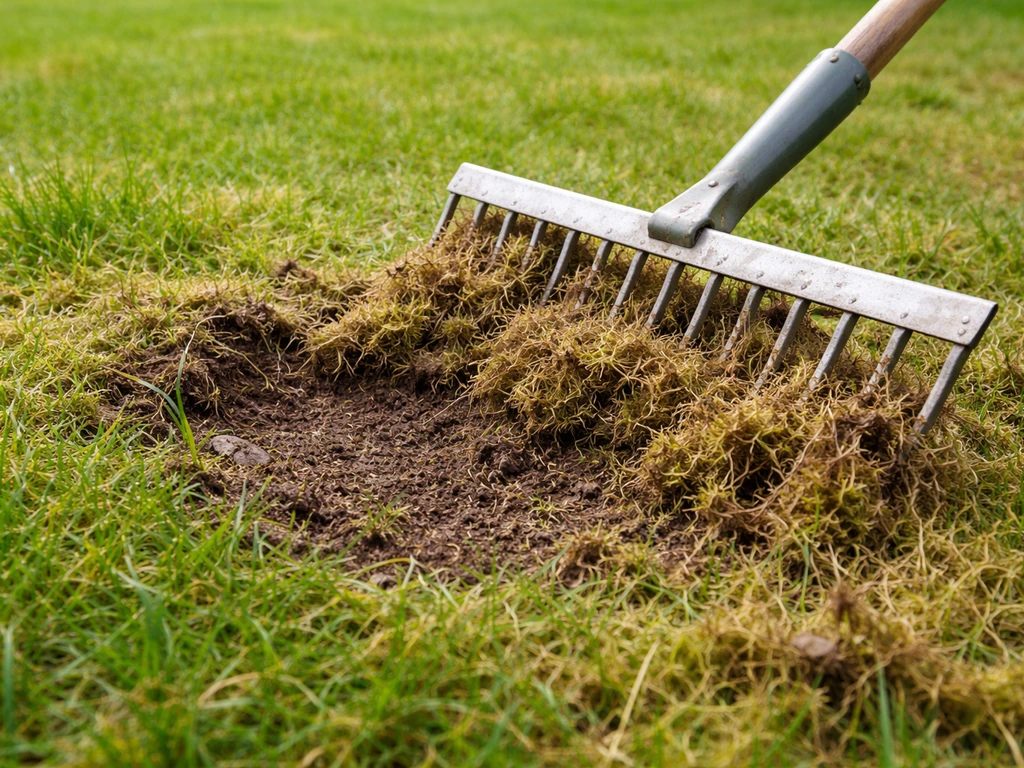 Close-up van een tuin-hark die mos en vilt uit het gazon loshaalt, klaar voor ophogen.