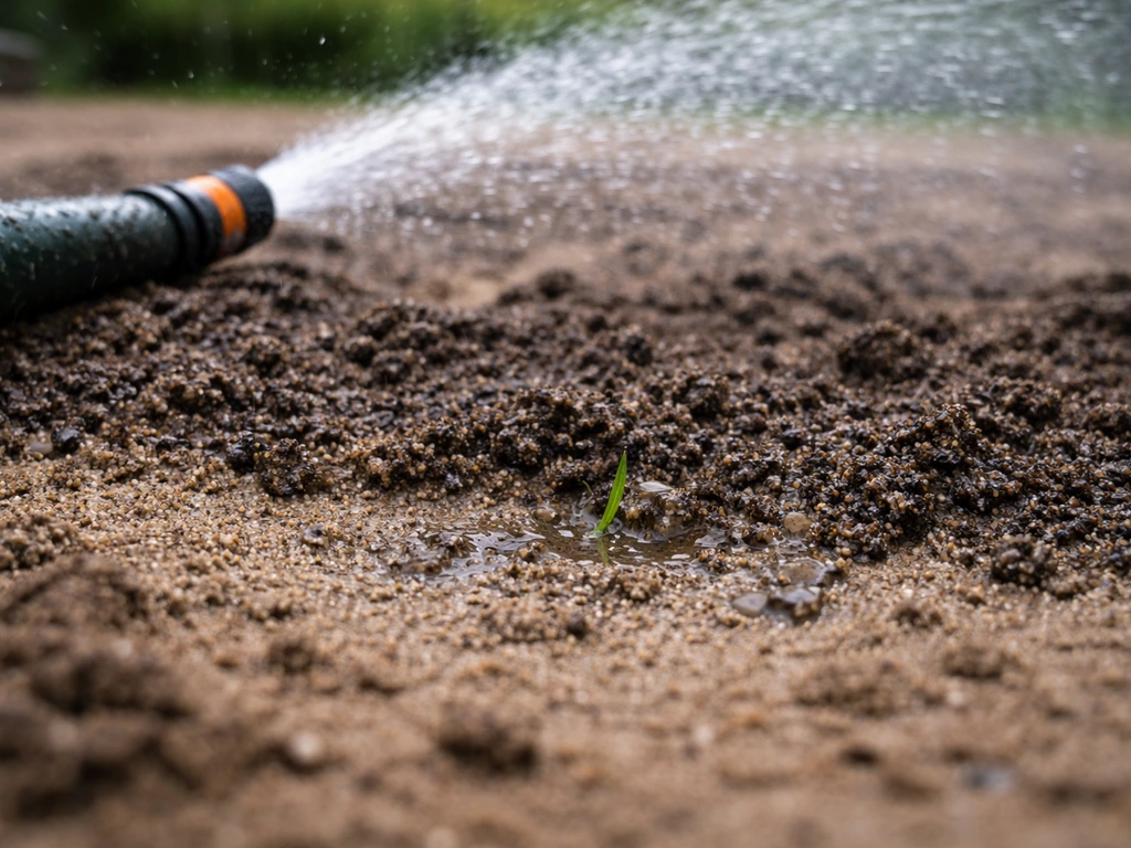 Sproeier die direct na het ophogen water geeft over vers aangebrachte grond met zichtbare waterdruppels.