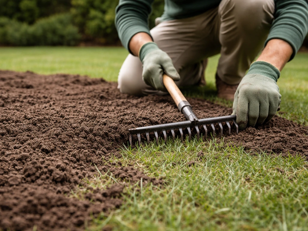 Anonieme tuinier harkt de te dikke ophooglaag weg zodat de graspunten net zichtbaar zijn.
