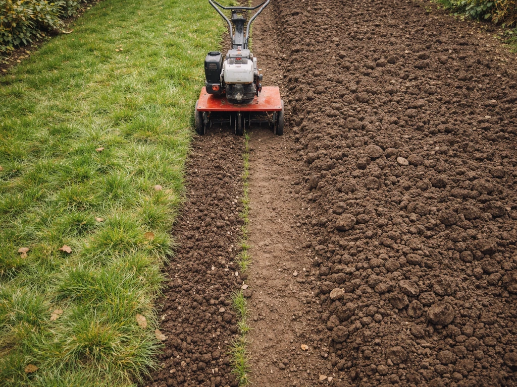 Bovenaanzicht van een NL-gazon: grondfrees bewerkt gras naast een omgespitte strook aarde.
