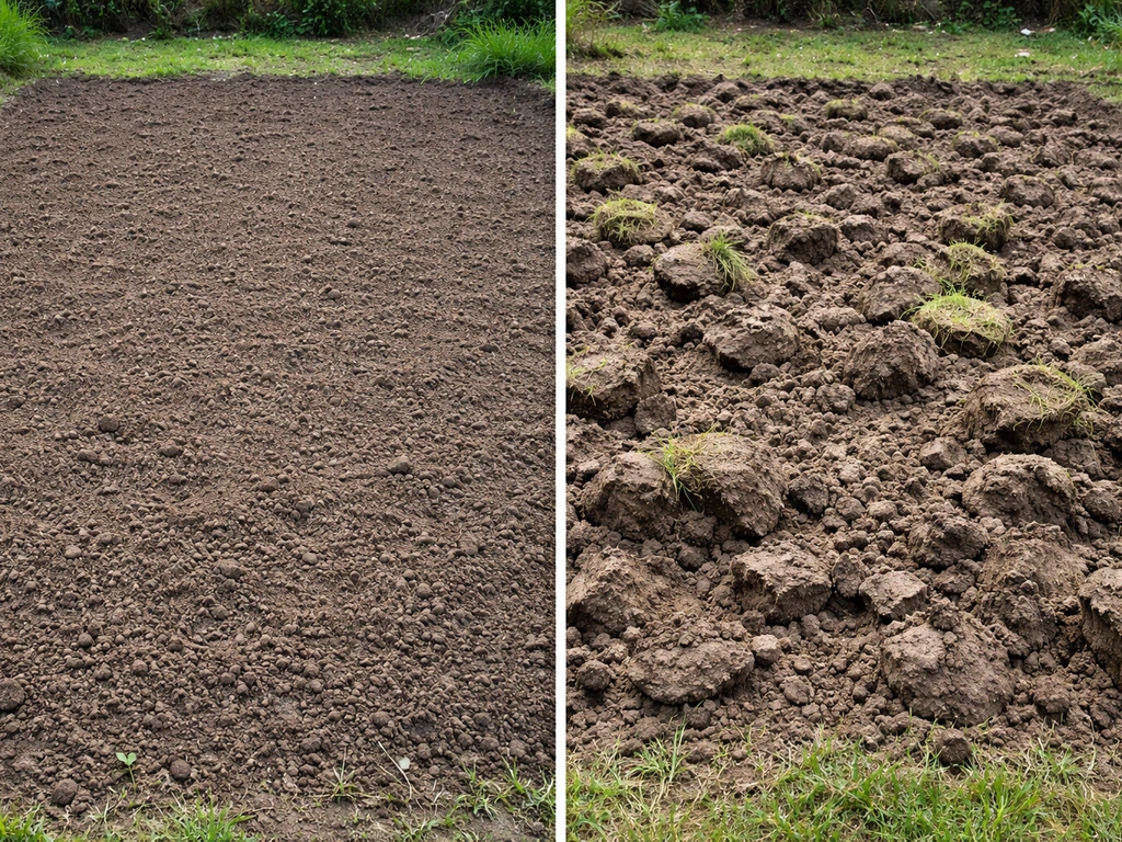 Linker gazon gefreesd met fijne, gemengde grond; rechter gazon gespitte met grovere kluiten en omgekeerde grasmat.