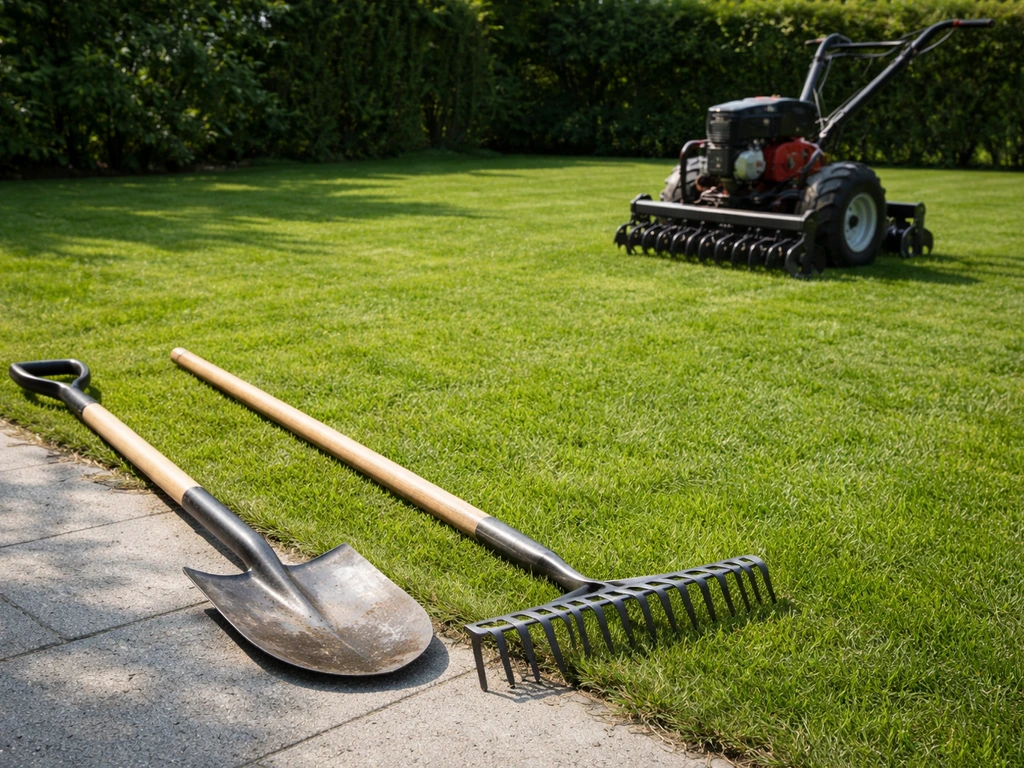 Kortgemaaid gazon met schpade, hark en een grondfrees klaar op een oprit/tuinpad.