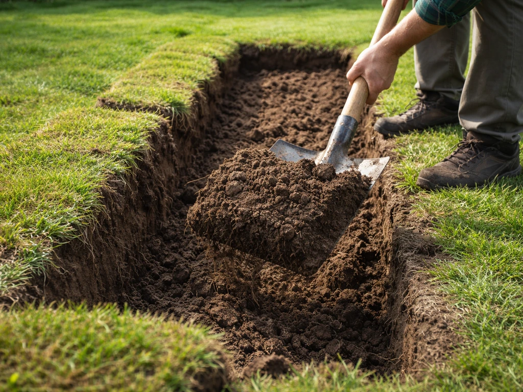 Handmatig spitten in een gazon: schep in de grond tot volle spit, omgekeerde graszode in een startgoot