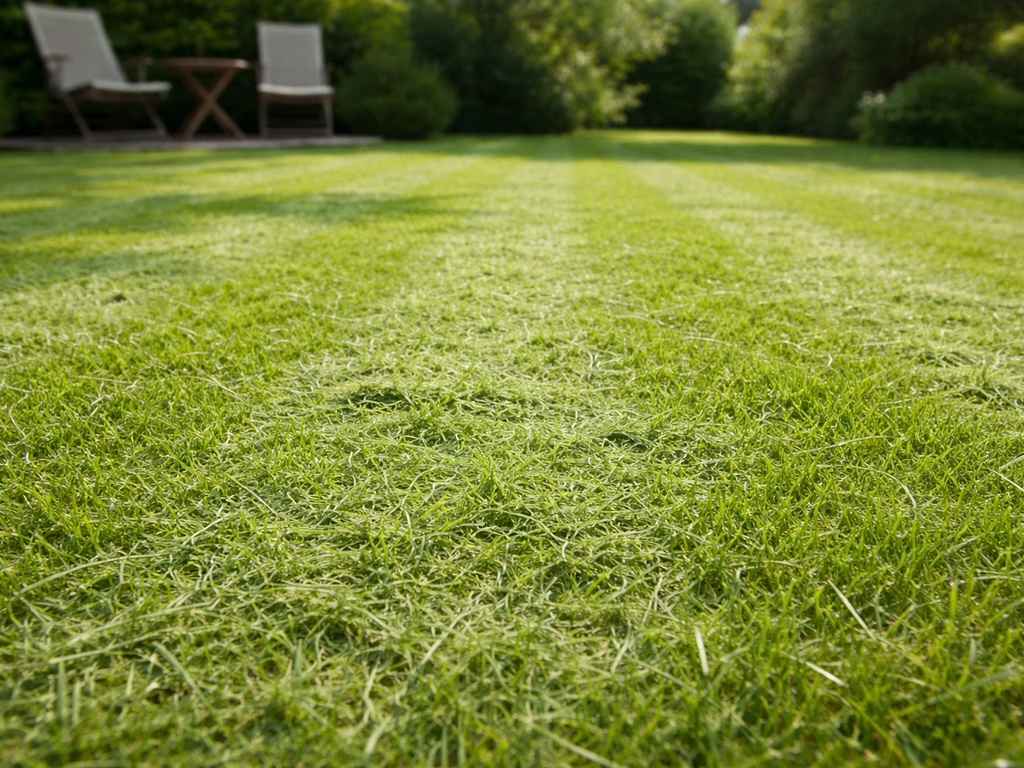 Nederlands gazon direct na het maaien met fijn maaisel dat tussen de grassprieten blijft liggen.