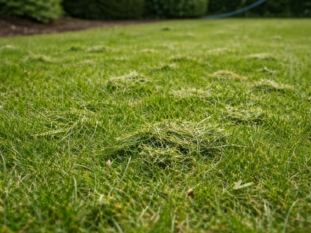 Snippers gemaaid gras liggen op een gazon na het maaien, met een stille tuinslang en grasrand op de achtergrond.