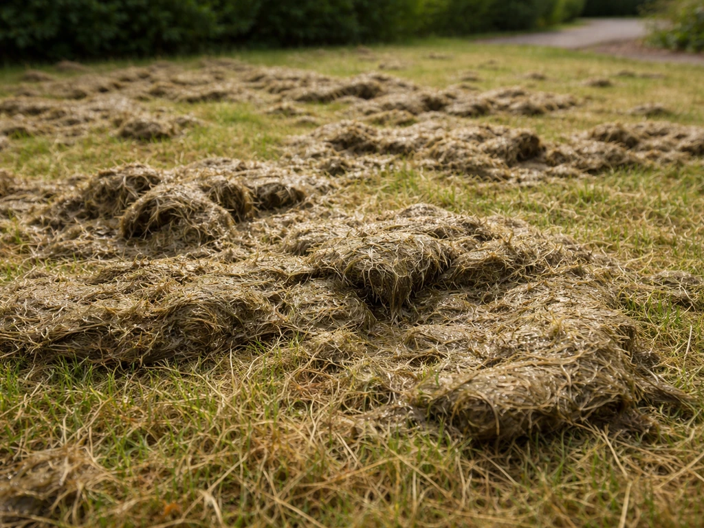 Close-up van een gazon met nat, ingeklonterd maaisel in een dikke plakkende laag.