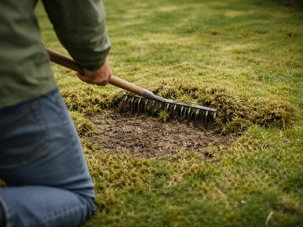 Tuinman pakt een mos- en viltplek aan met een hark; losse toplaag zichtbaar, in een stille voor-/achtertuin.