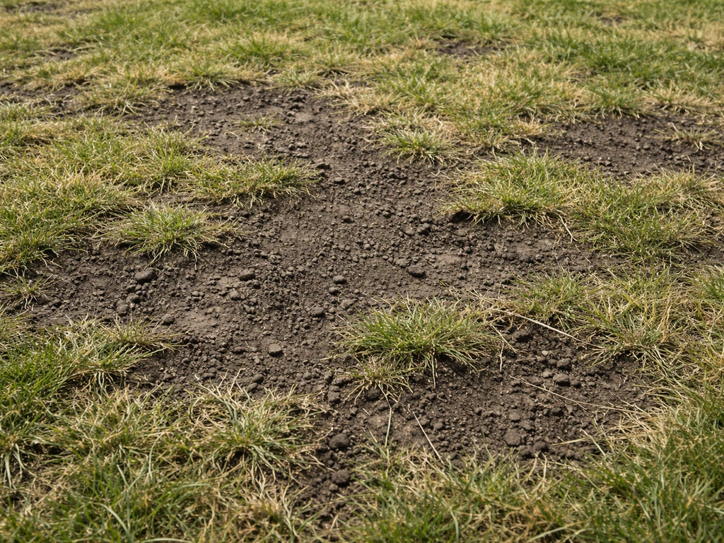 Close-up van kale en dunne plekken in een gazon met open grond en zwarte aardeplekken