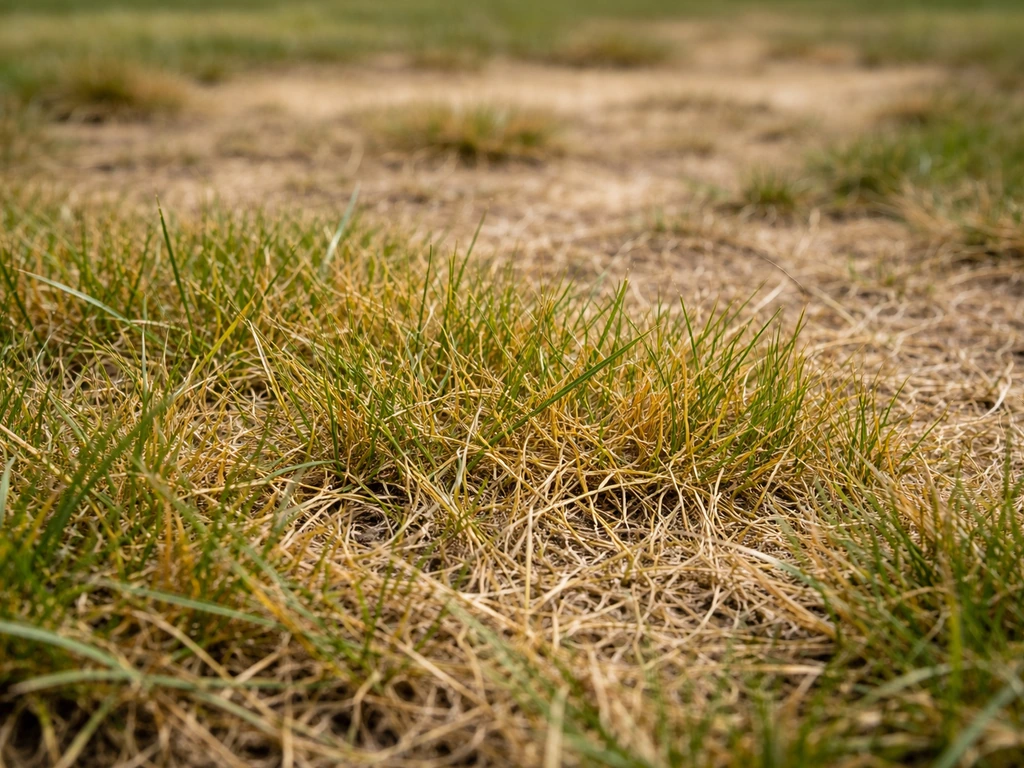 Close-up van geelgroene, verdroogde grassprieten met kale, droge plekken in het gazon.