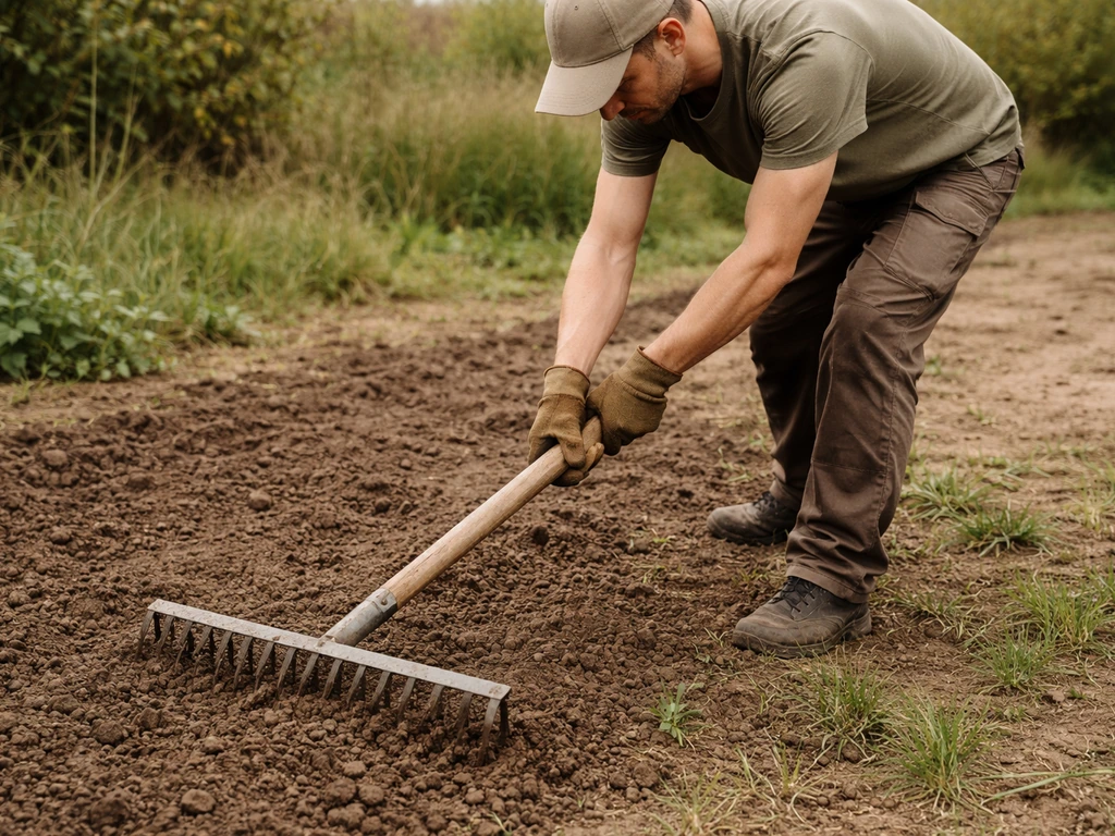 Tuinier harkt en woelt de toplaag los voor grasherstel; zichtbare kruimelige aarde en wat groen.
