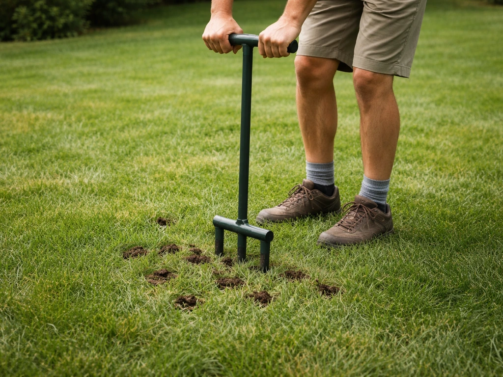Een beluchtingsprikker maakt gaatjes in het gazon; opengelegde aarde is zichtbaar in het gras.
