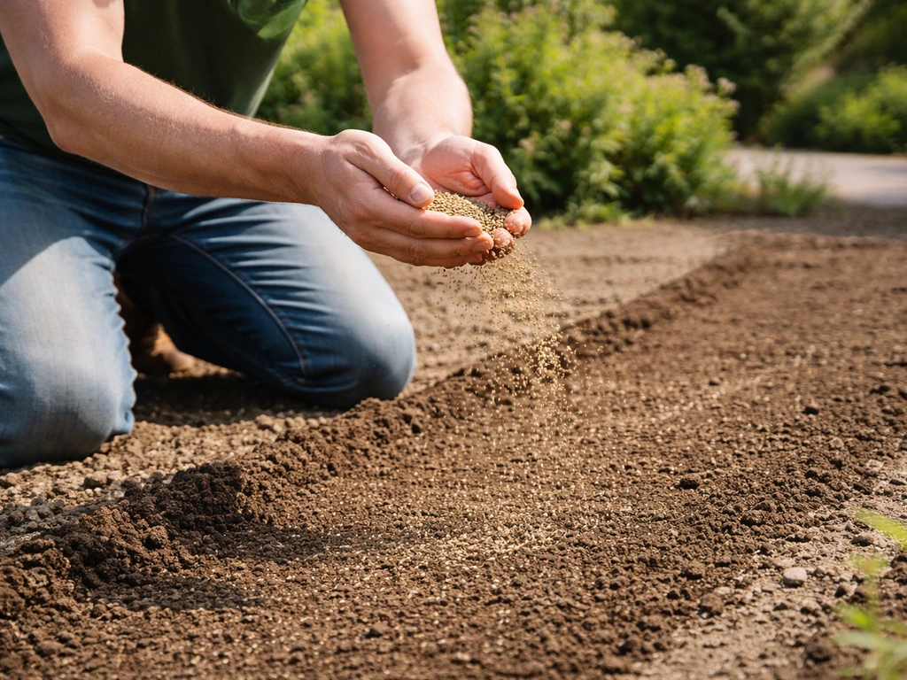 Iemand die graszaad gelijkmatig uitstrooit op een voorbereide strook in de tuin