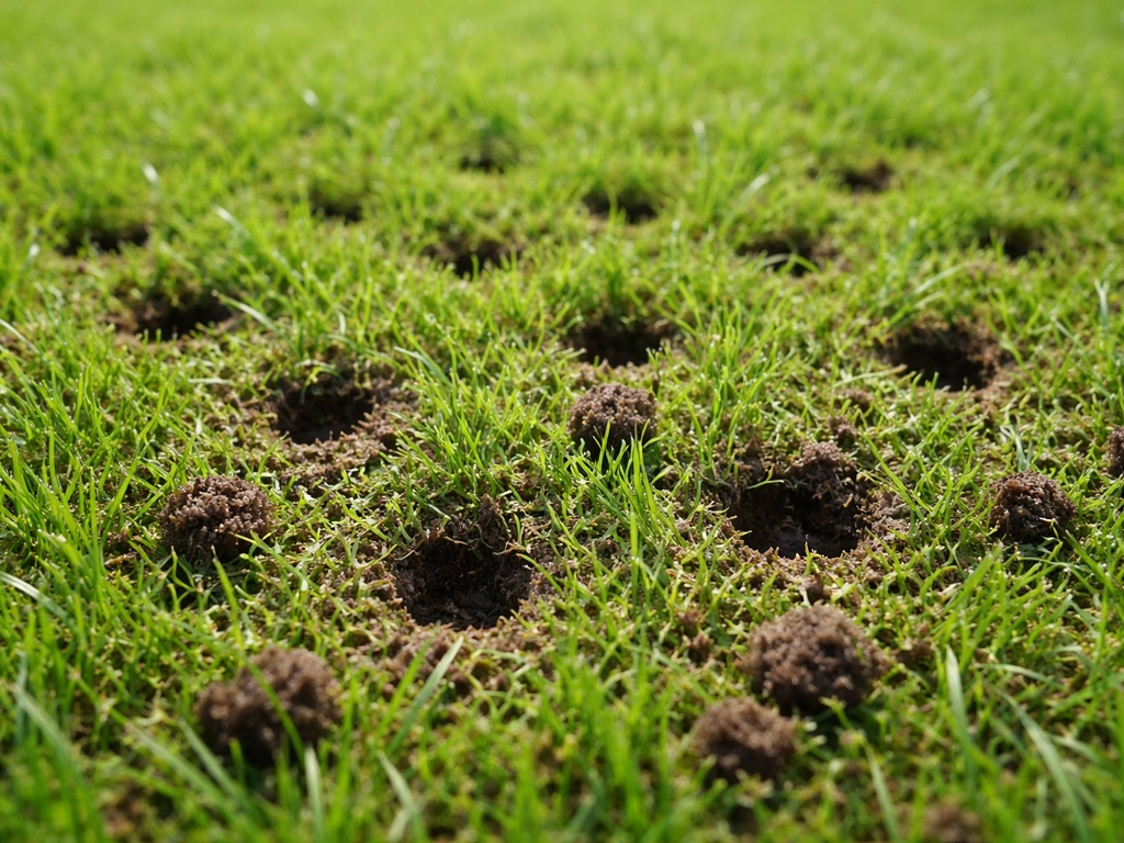 Close-up van een gazon met beluchtingsgaten, fris gras en zichtbare bodemtextuur voor meer ‘gras en lucht’.