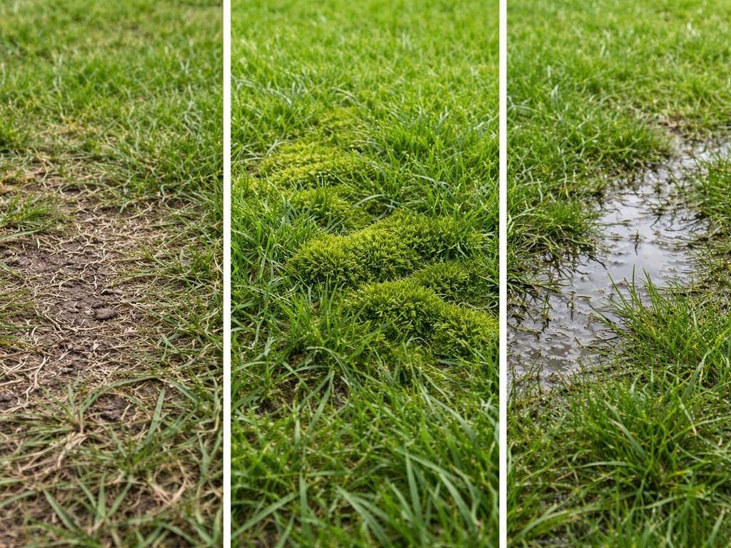 Gazon met naast elkaar zichtbaar verdichting, mosplekken en natte plekken door slechte drainage.