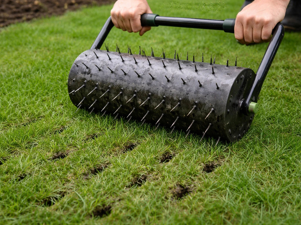 Een beluchtingsrol/prikrol rolt over groen gazon; net zichtbare prikpunten in het gras.