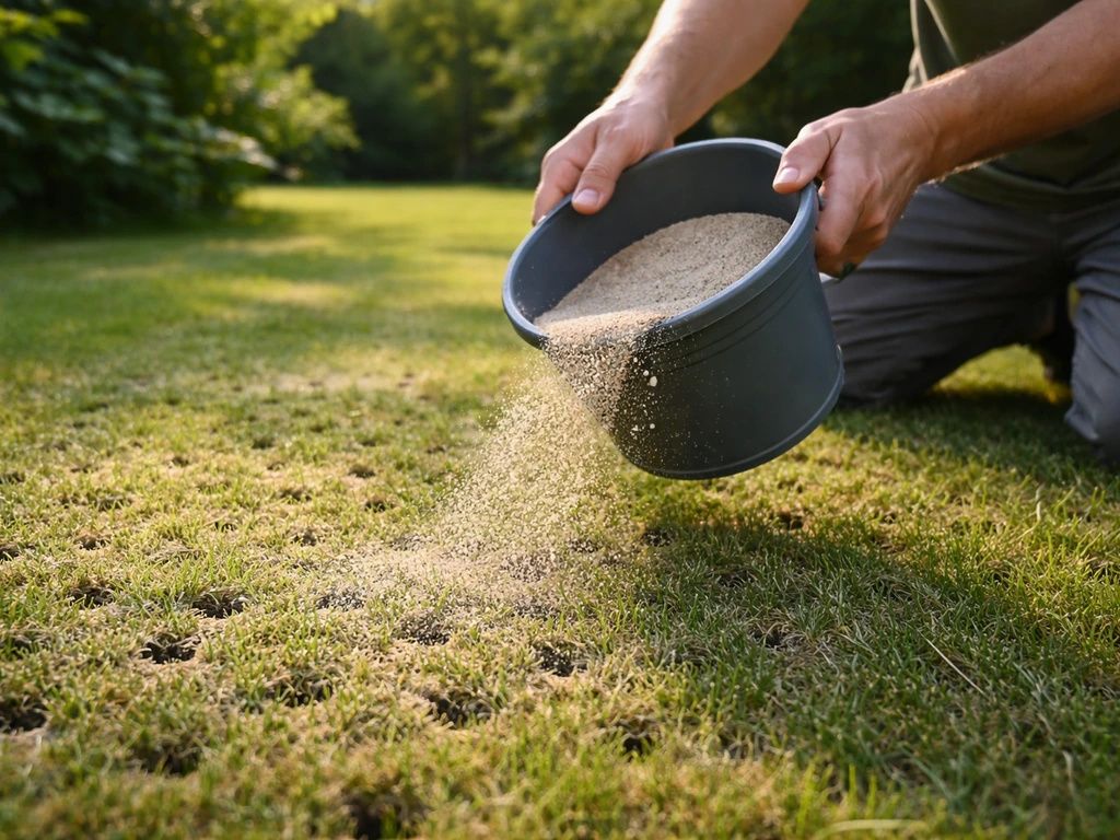 Tuinier strooit fijn zand over een beluchte gazonmat met zichtbare beluchtingsgaten.