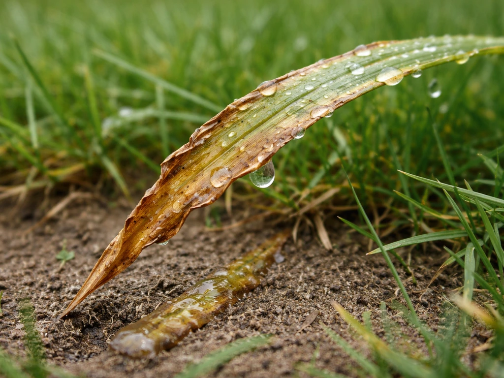 Close-up van een grasblad dat bruin en verschrompeld is na het besproeien met azijnzuur