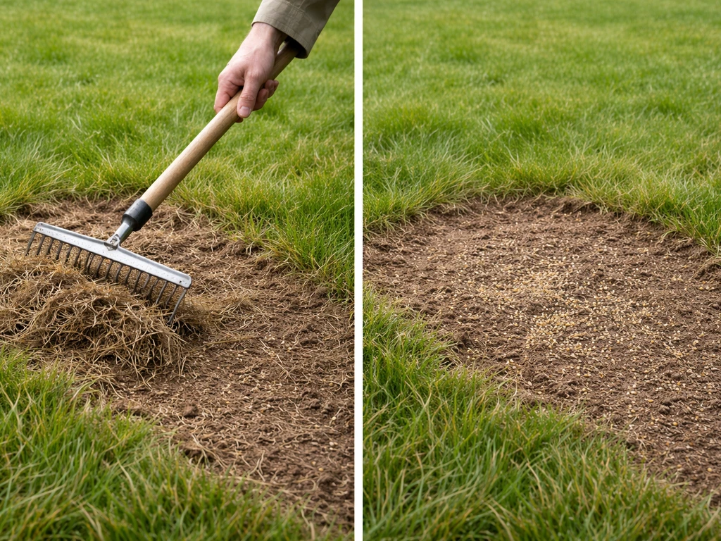 Anonieme tuinhark verwijdert dode bruine graspolletjes en voorbereidt kale plekken om na te zaaien.