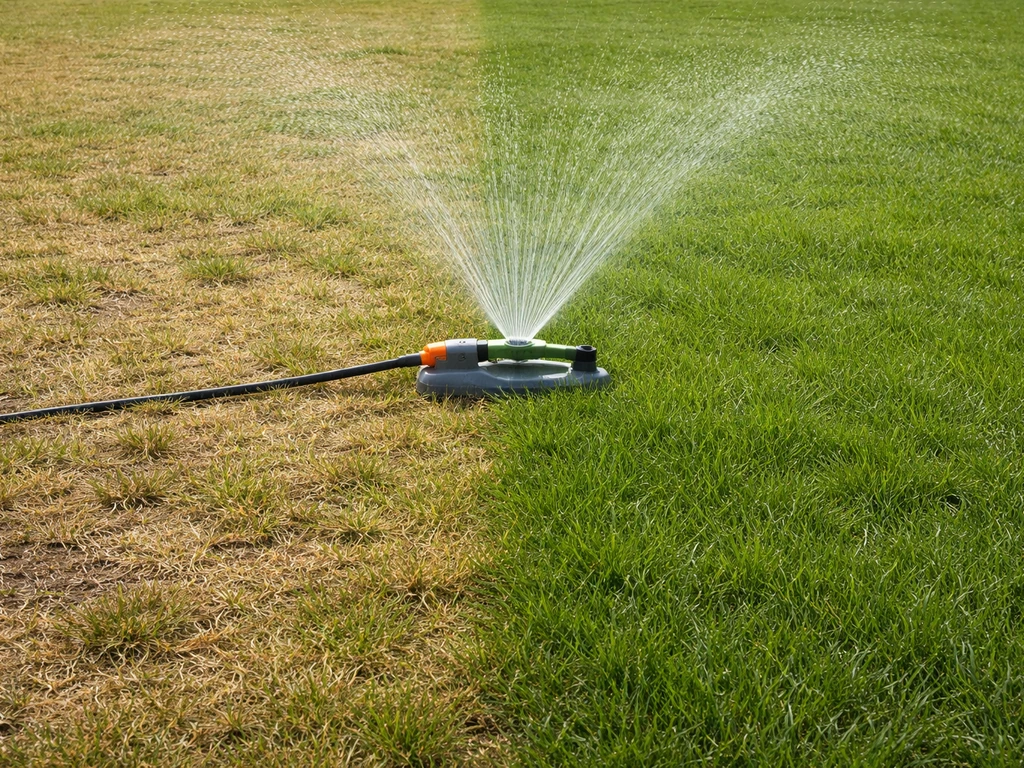 Twee delen van een gazon: gele/kale plekken naast nieuw groen, met een tuinsproeier voor water geven en herstel.