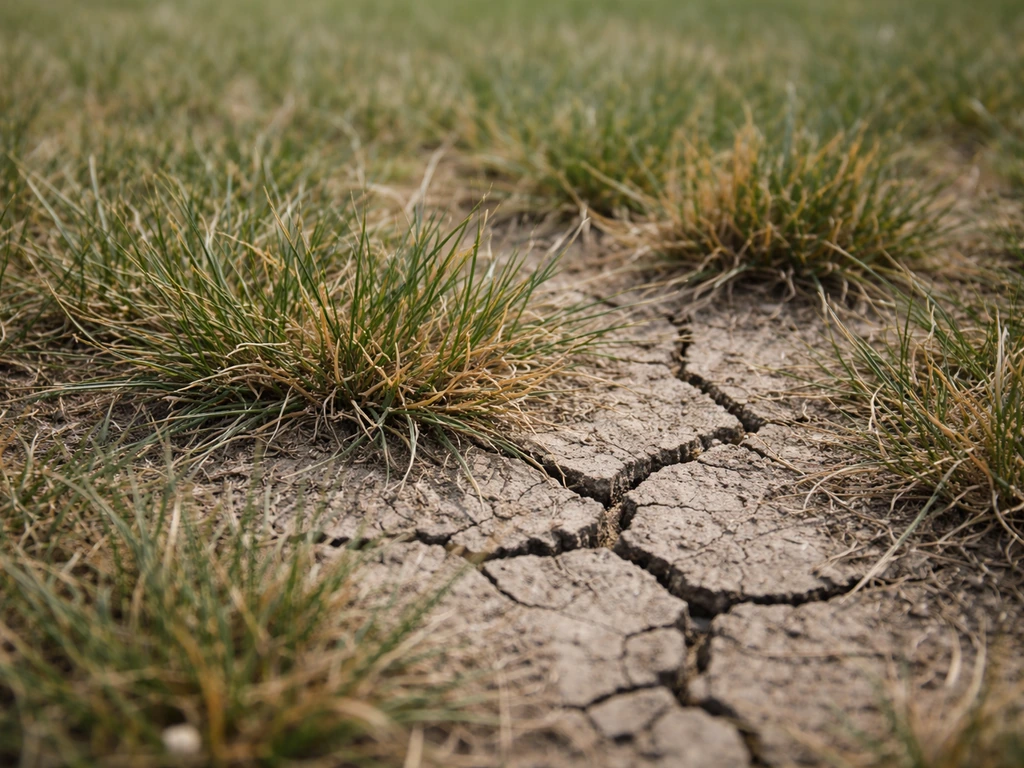 Close-up van dor gras en opgedroogde scheuren in de bodem van een gazon, begin van droogteschade.