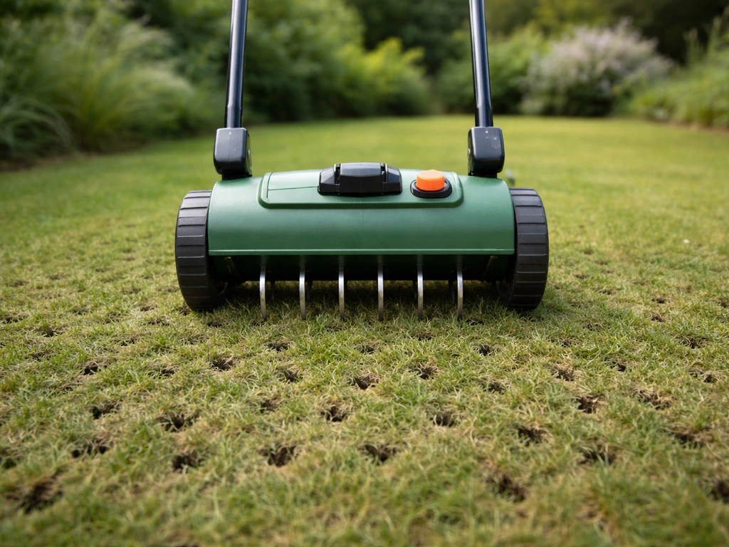 Gazonbeluchter met tanden op het gras, met zichtbaar kleine gaatjes en open bodem.